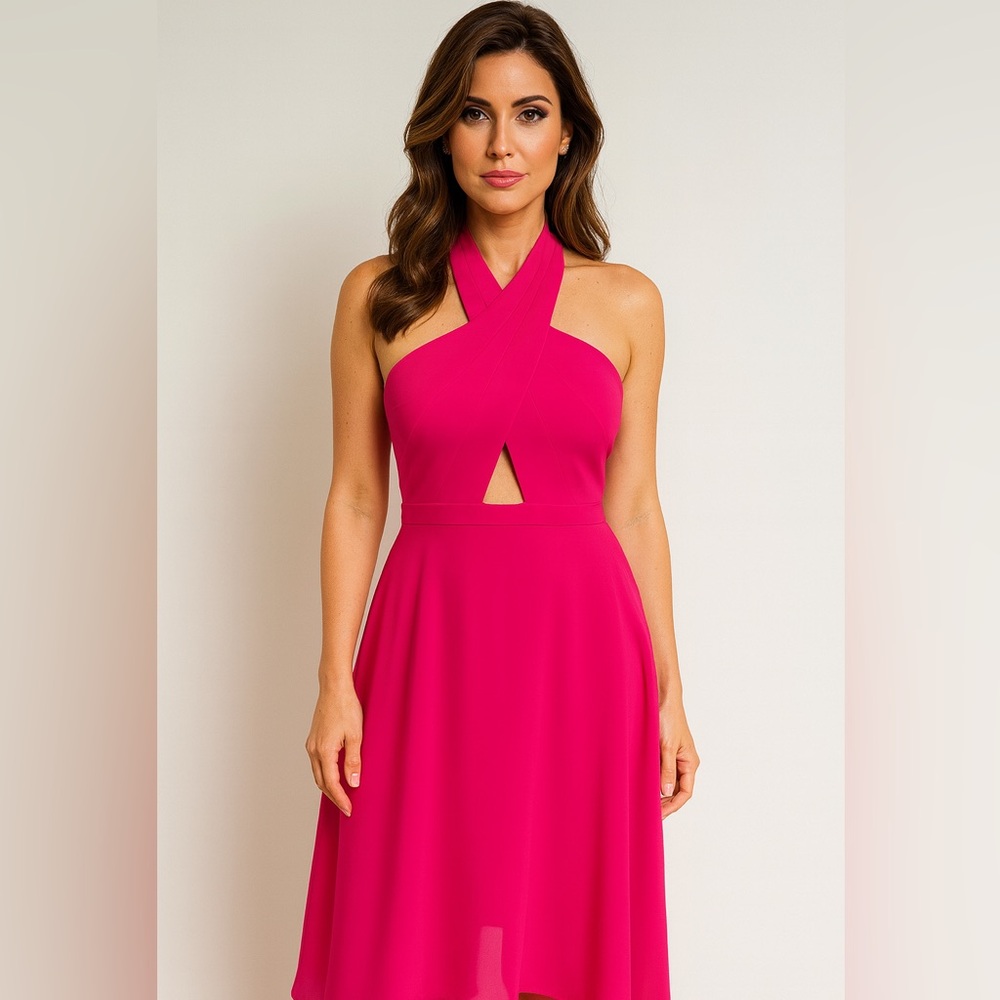 BCBGMAXAZRIA Magenta Halter Cóctel Dress Size 2 Cut-out Front & Open Back NWT